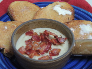 Cauliflower and bacon soup with hot buttered toast